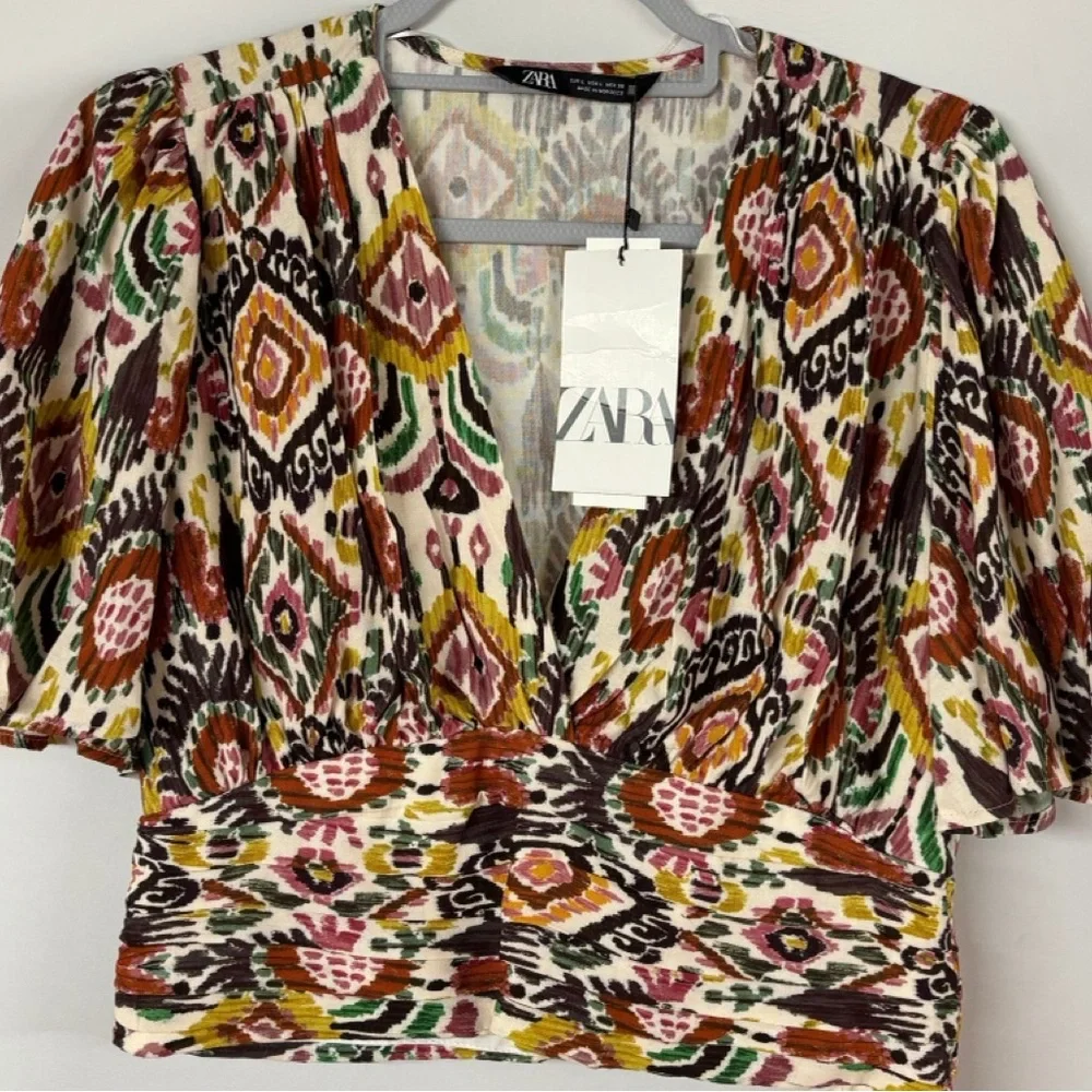ZARA Ikat Print Puff Sleeve Crop Top - Size M NWT - Picture 8 of 12